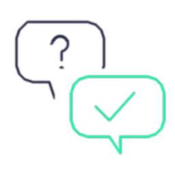 Two speech bubbles: one with a question mark, the other with a checkmark, symbolizing questions and answers.